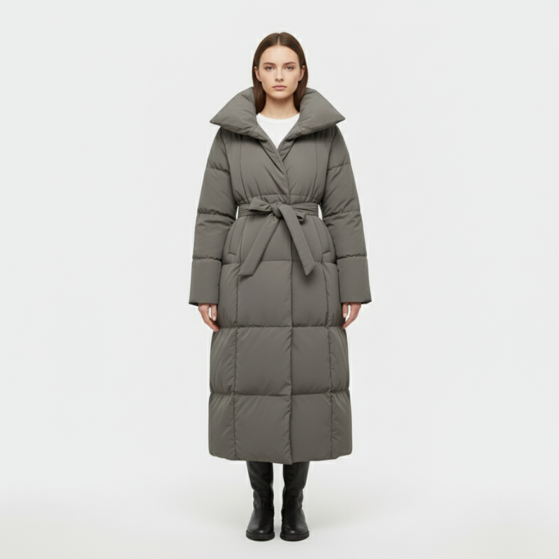 Zara | Women’s Long Belted Winter Coat Grey